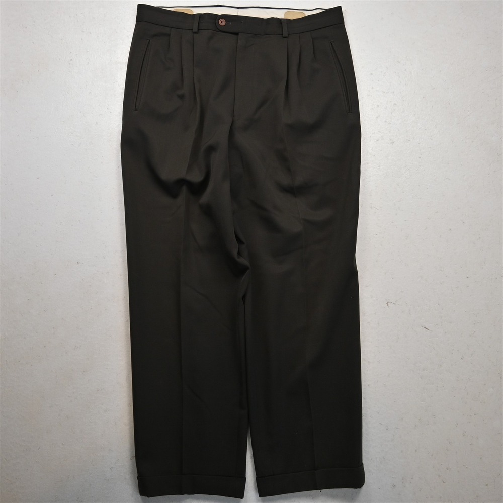 Vtg Bespoke 34x30 Brown 100% Wool Pleated Cuffed Baggy Dress Mens Pants